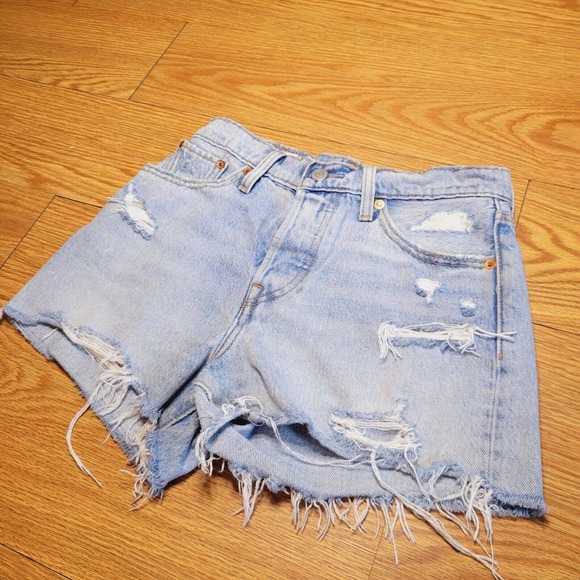 Levi's Light Blue Distressed Jean Shorts - Picture 2 of 12
